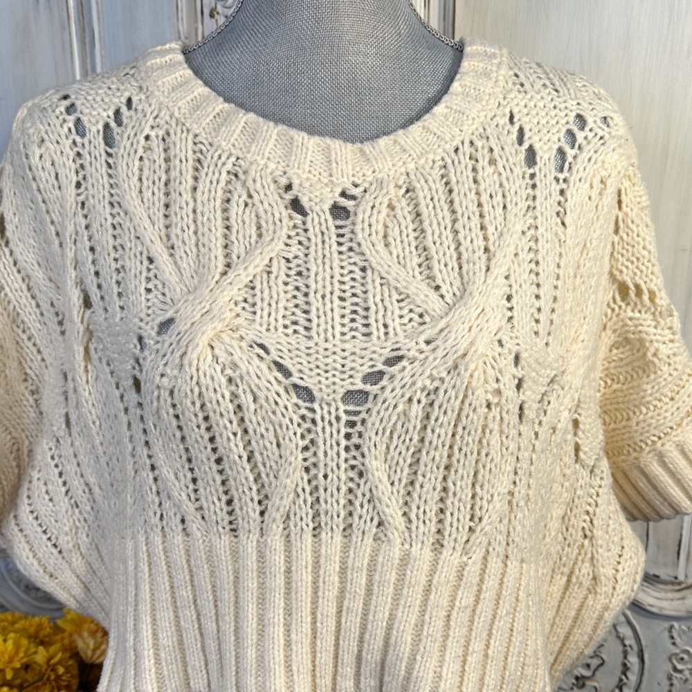 Miss Love Women's Oversized Cream Cable Knit Cropped Sweater - Picture 2 of 7
